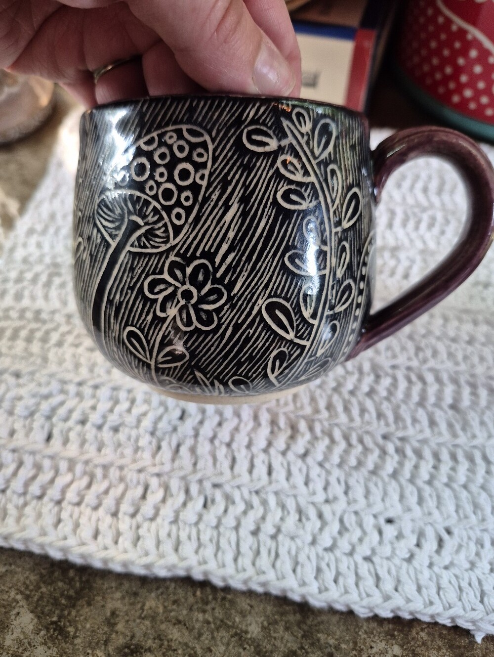 New Sgraffito Mushroom Floral Design Plum-Purple Glazed Handcrafted Signed Mug - Picture 5 of 8